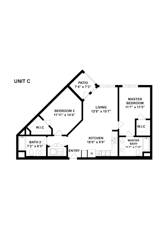 A drawing of a floor plan for Unit C shows a living room, two bedrooms, a kitchen, a bathroom, and a patio.