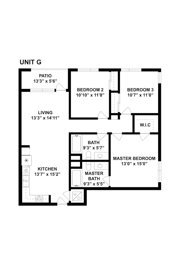Floor Plan  A floor plan of a unit G showing a living area, kitchen, and three bedrooms.