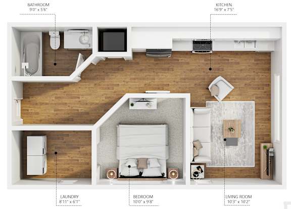 Floor Plan  A diagram of a house layout with labeled rooms including a bathroom, kitchen, laundry, bedroom, and living room.