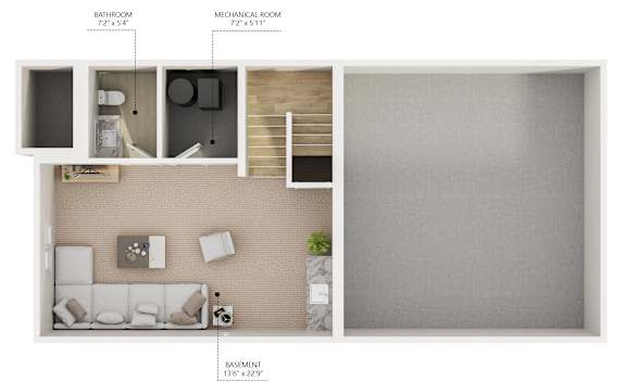A diagram of a small apartment with a bathroom, a mechanical room, and a living room.