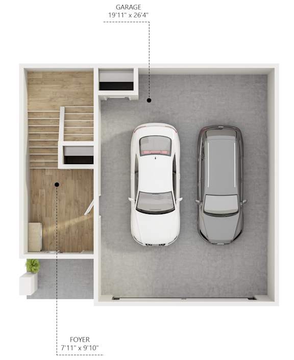 A garage with a car and a foyer with a car.