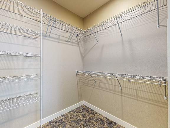 Empty walk-in closet with shelves and a carpeted floor.at Linc, Iowa