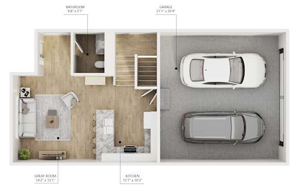 A diagram shows the layout of a house with a bathroom, garage, great room, and kitchen.