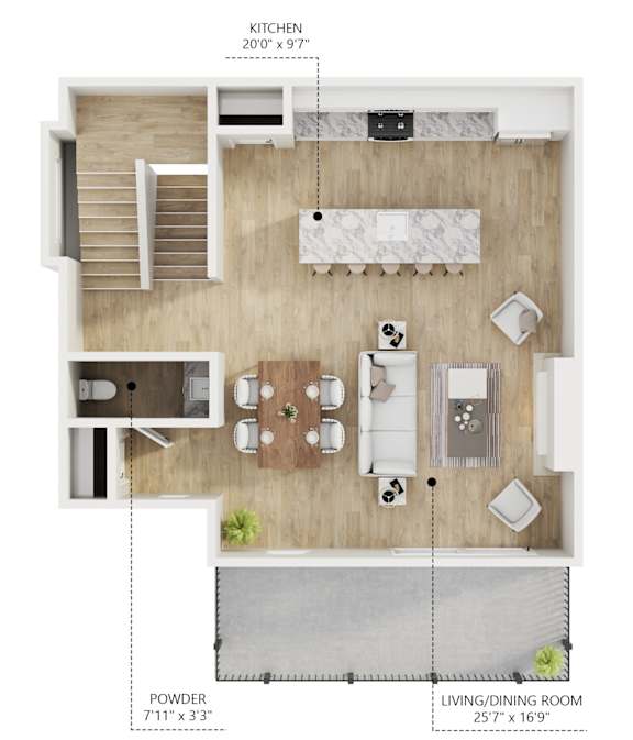 A floor plan of a small apartment with a kitchen, powder room, and living/dining room.