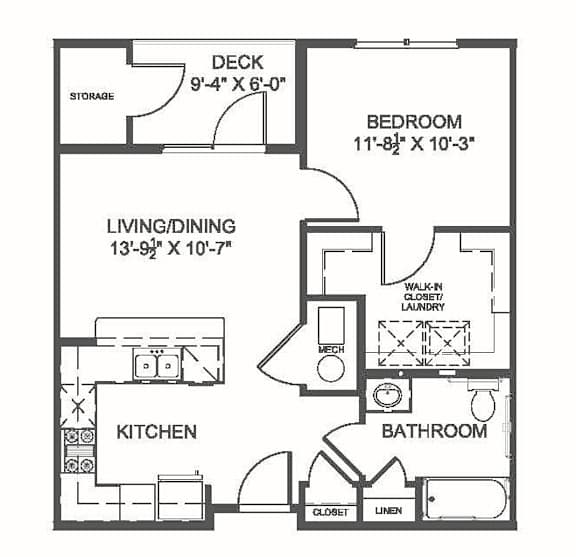A black and white image of a house floor plan with a deck, bedroom, living/dining area, kitchen, and bathroom.