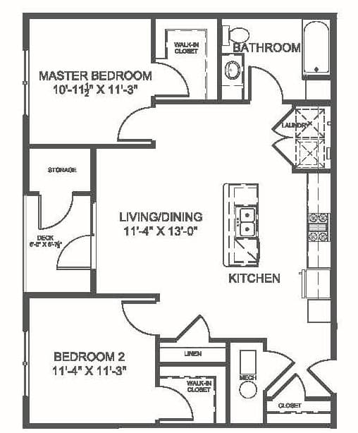 A black and white image of a floor plan for a house with a master bedroom, living room, kitchen, and two bedrooms.