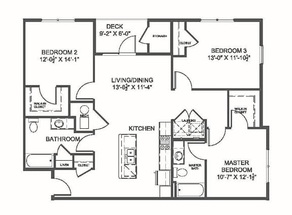A black and white image of a house floor plan with a master bedroom, two additional bedrooms, a living/dining area, a kitchen, and a bathroom.