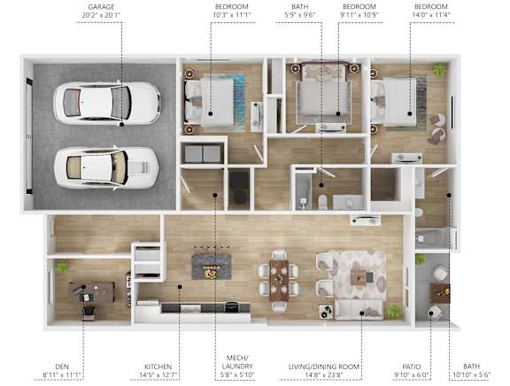 Floor Plan  A floor plan of a house with a garage, two bedrooms, a living room, a dining room, a kitchen, and a laundry room.