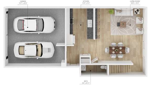 A top down view of a house with a garage, kitchen, and living room.