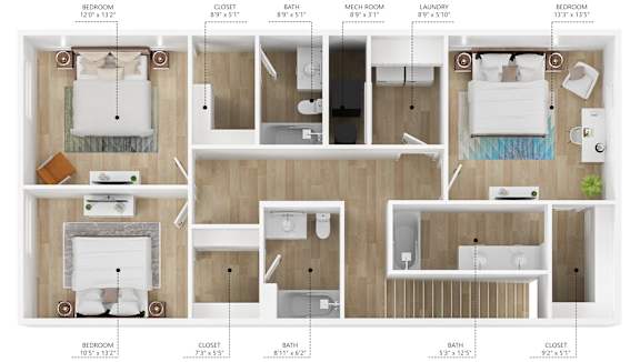 Floor Plan  A floor plan of an apartment with two bedrooms, two bathrooms, a living room, a kitchen, a laundry room, and a closet.