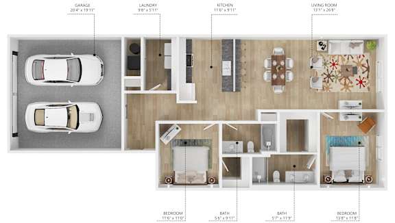 Floor Plan  A floor plan of a house with a garage, laundry room, kitchen, living room, and three bedrooms.