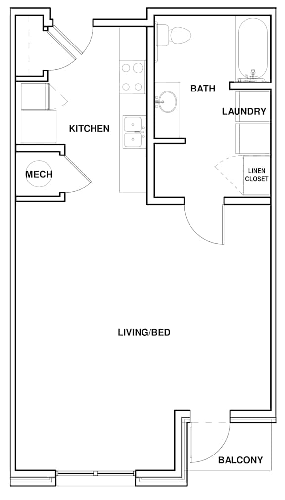 A floor plan of a small apartment with a living room, kitchen, bathroom, and laundry room.