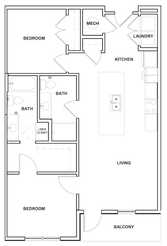 A floor plan of a home with a laundry room, kitchen, and two bathrooms.