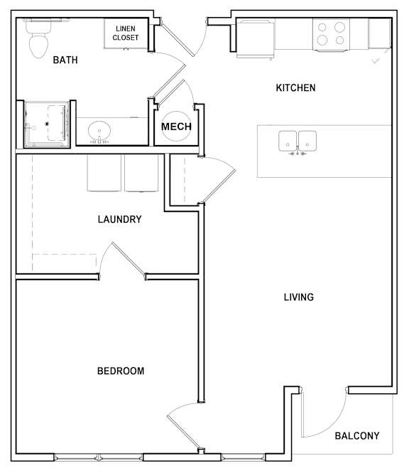 A floor plan of a small apartment with a living room, kitchen, bathroom, bedroom, and laundry area.