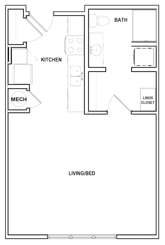 A floor plan of a small apartment with a living/bed area.