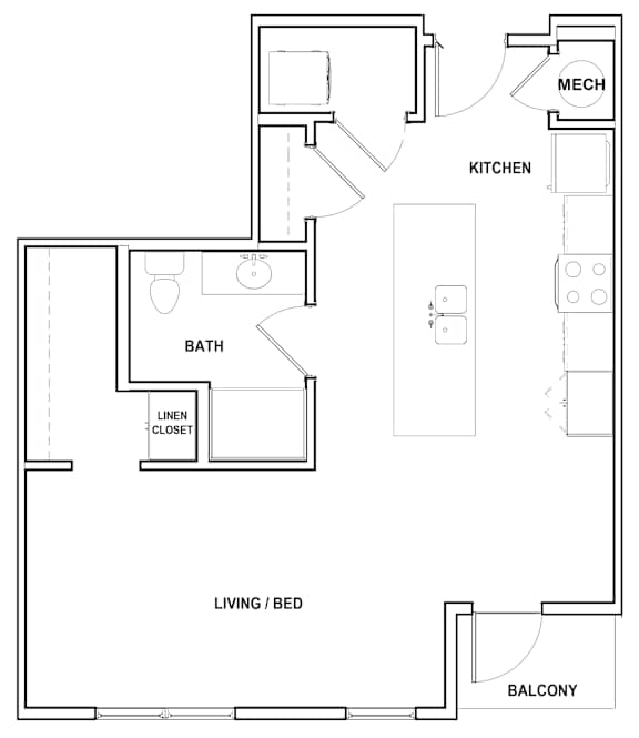 A floor plan of a house with a living area, kitchen, bathroom, and a balcony.