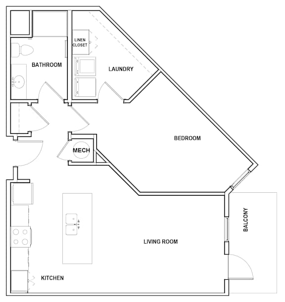 A floor plan of a house with a living room, kitchen, bathroom, laundry, and bedrooms.