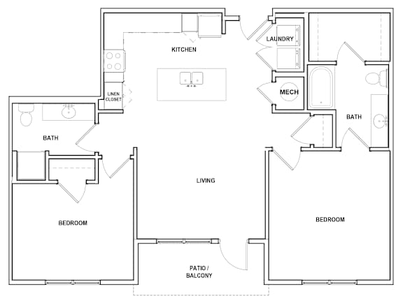 A floor plan of a house with a living room, two bedrooms, a kitchen, a bathroom, a laundry room, a patio/balcony, and a mechanical room.