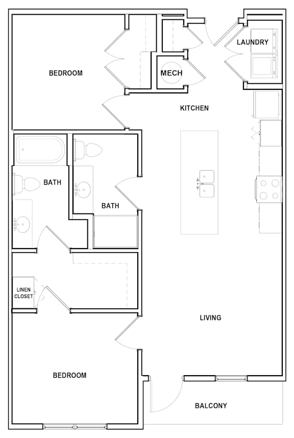 A floor plan of a house with two bedrooms, a laundry room, a kitchen, a bathroom, a lounge closet, and a balcony.