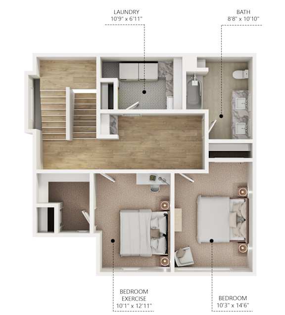 A floor plan of a small apartment with a laundry area, bathroom, and two bedrooms.