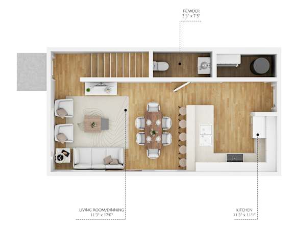 A floor plan of a living space with a living room, dining room, kitchen, and powder room.