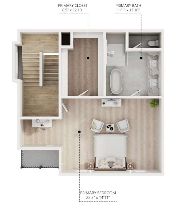 A diagram shows the layout of a small apartment with a primary bedroom, bathroom, and closet.