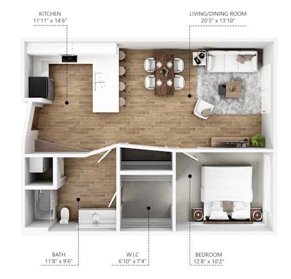 Floor Plan  A diagram shows the layout of a living space with a kitchen, living/dining room, bathroom, and bedroom.
