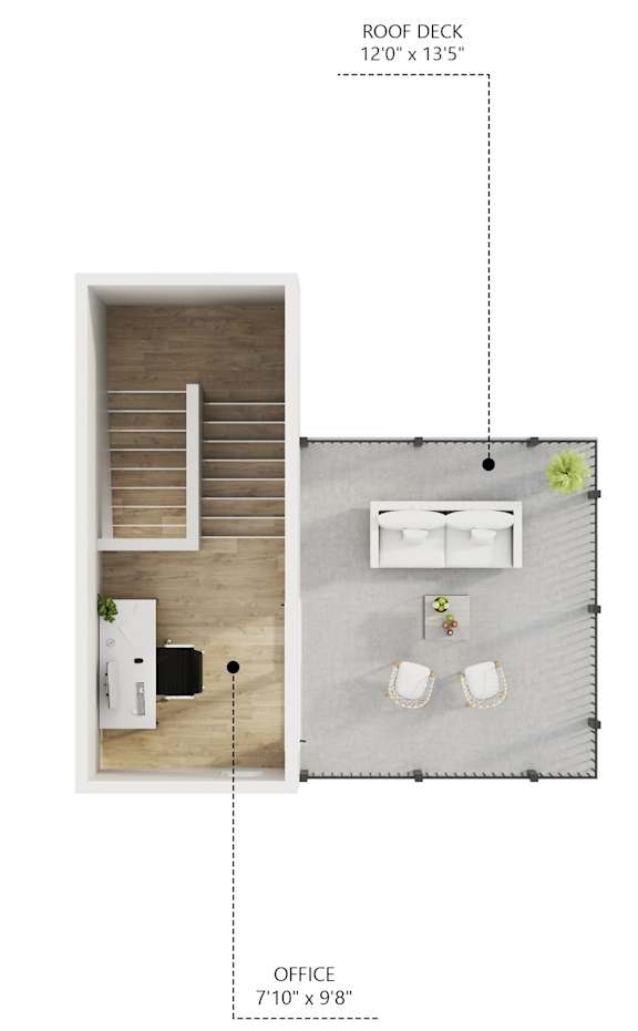 A diagram shows the layout of a room with a roof deck and an office.