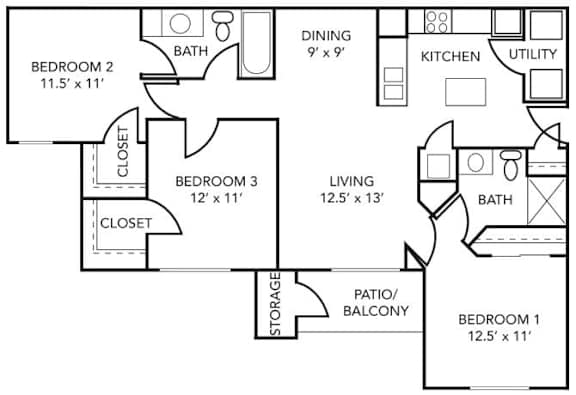 3 Bedroom Floor Plan at 92West, West Des Moines, IA 50266
