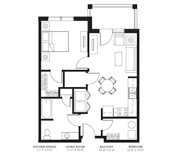 A black and white image of a floor plan for a small apartment.