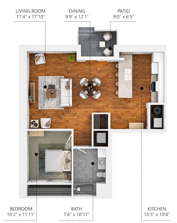 A diagram of a small apartment layout with a living room, dining area, kitchen, bathroom, and bedroom.