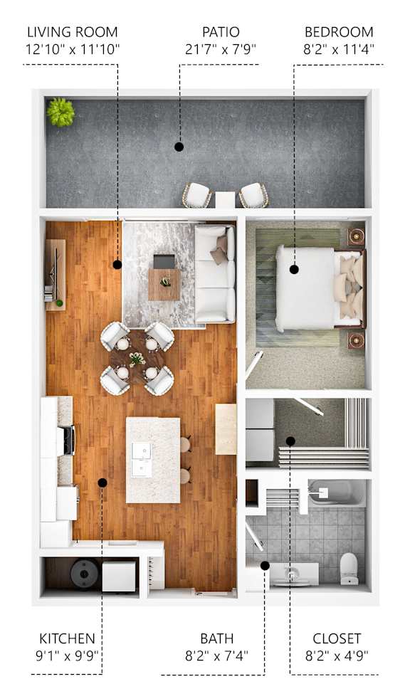 A diagram of a small apartment with a living room, kitchen, bathroom, bedroom and patio.
