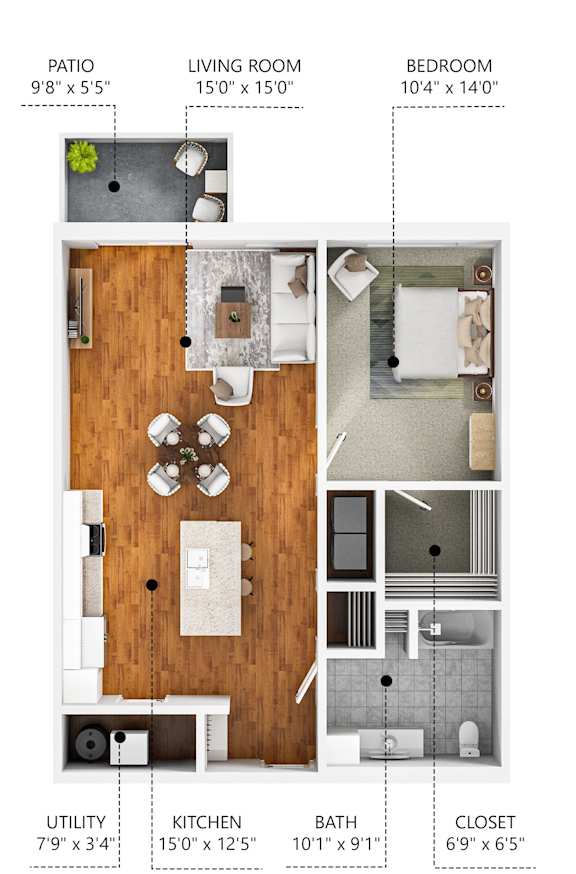 A floor plan of a small apartment with a living room, kitchen, bathroom, and bedroom.