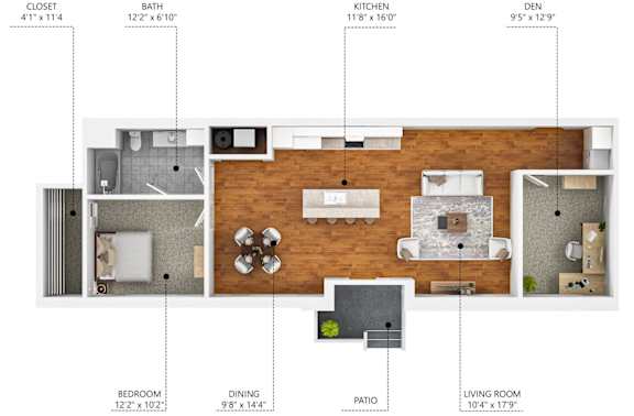 A floor plan of an apartment with a living room, dining room, kitchen, bathroom, and bedroom.