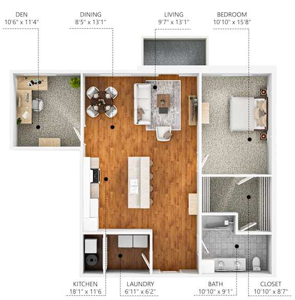A floor plan of a small apartment with a kitchen, living room, dining room, bedroom, and bathroom.