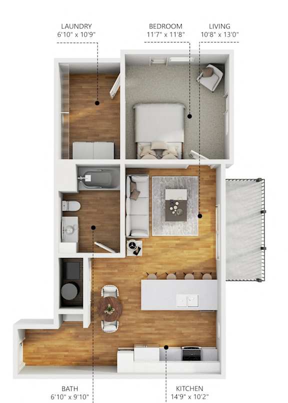 A floor plan of a small apartment with a laundry area, bedroom, living room, and kitchen.