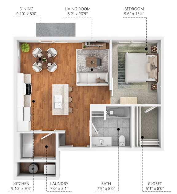 A floor plan of a small apartment with a kitchen, living room, dining area, bedroom, bathroom, laundry, and closet.