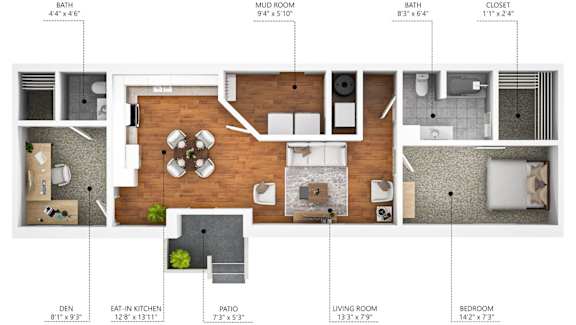 A floor plan of a house with a living room, dining room, kitchen, bedrooms and bathrooms.