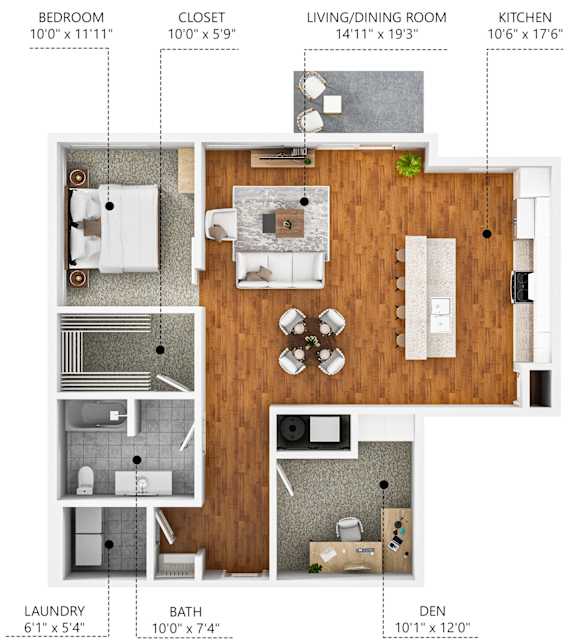 A floor plan of a small apartment with a bedroom, living room, kitchen, and bathroom.