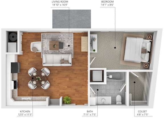 A floor plan of a small apartment with a living room, kitchen, bathroom, and bedroom.