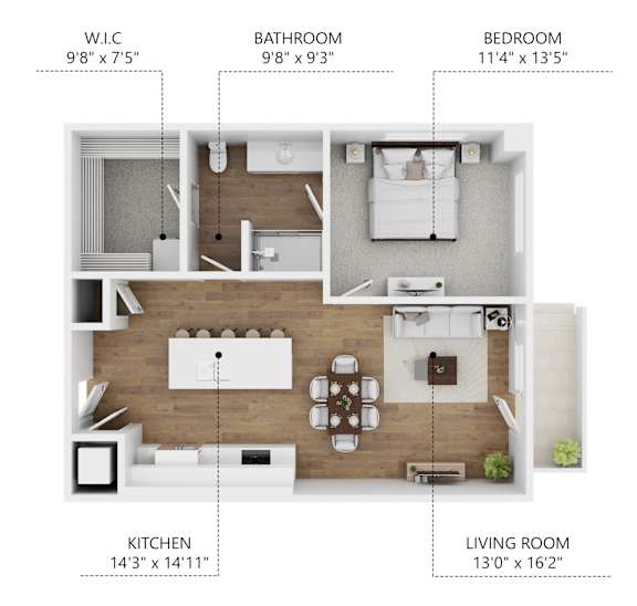 A floor plan of a small apartment with a living room, kitchen, bathroom, and bedroom.
