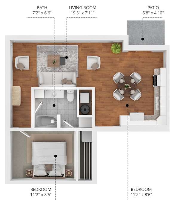 A diagram shows the layout of a living space with a bath, living room, patio, and two bedrooms.
