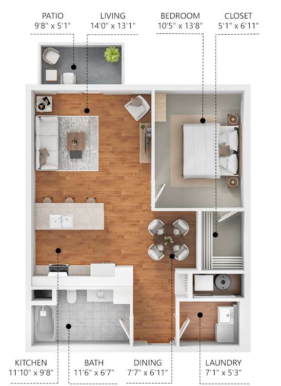 A diagram of a house layout with labeled rooms such as patio, living room, bedroom, and closet.