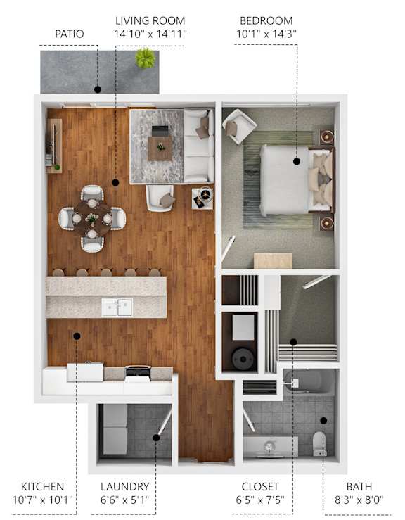 A diagram of a house showing the living room, bedroom, patio, kitchen, bathroom, and laundry room with their respective dimensions.