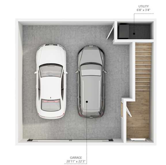 A diagram shows a garage and utility space with two cars parked in the garage.