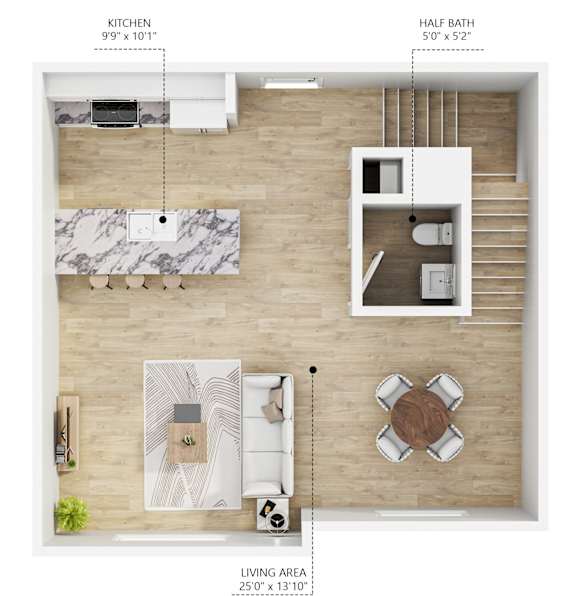 A floor plan of a small apartment with a kitchen, half bath, and living area.