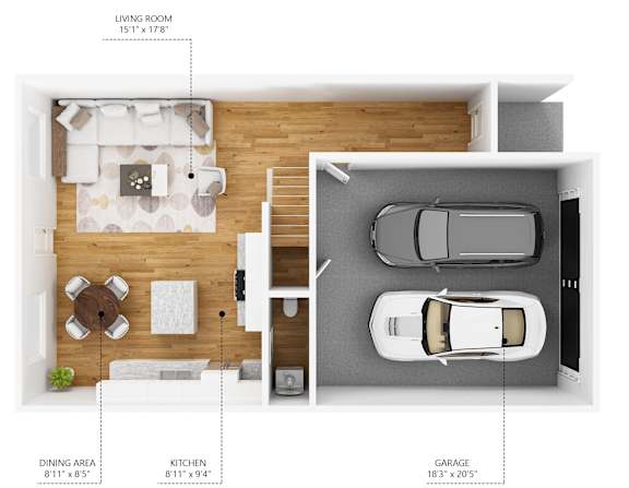 A diagram shows the layout of a living room, dining area, kitchen, and garage.