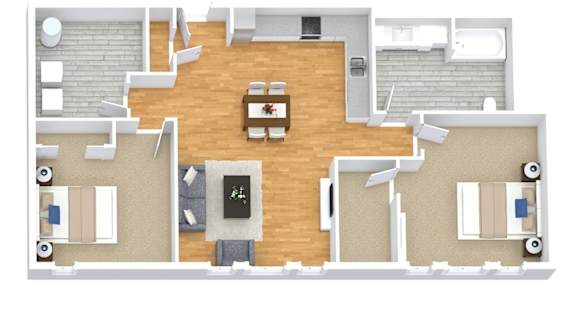 A floor plan of a house with a central living room and surrounding bedrooms.