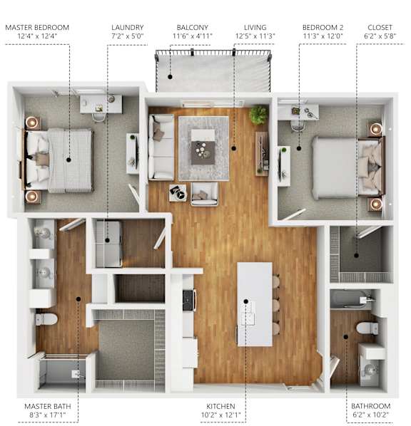 A floor plan of a small apartment with a master bedroom, bathroom, living room, kitchen, and two bedrooms.