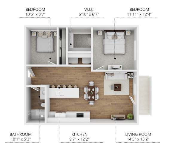 A diagram shows the layout of a two-bedroom, one-bathroom apartment with a living room, kitchen, and two bedrooms.